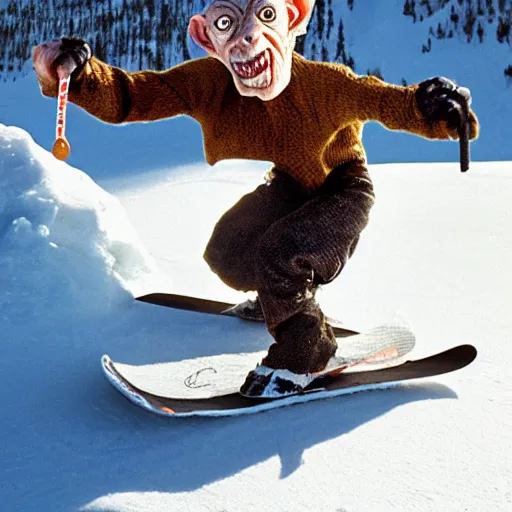 Image similar to Gollum on snowboard with cigarette in mouth