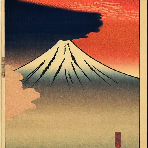 Prompt: Ukiyo-e depiction of Mount Fuji at sunrise