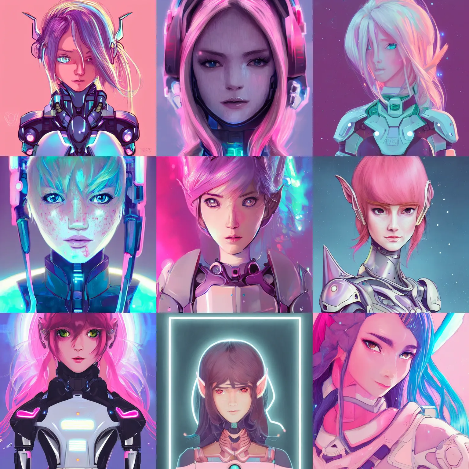 Prompt: portrait of an elven mecha warrior princess, head and shoulders, matte print, pastel pink neon, cinematic highlights, lighting, digital art, cute freckles, digital painting, fan art, elegant, pixiv, by Ilya Kuvshinov, daily deviation, IAMAG, illustration collection aaaa updated watched premiere edition commission whilst watching fabulous artwork \ exactly your latest completed artwork discusses upon featured announces recommend achievement