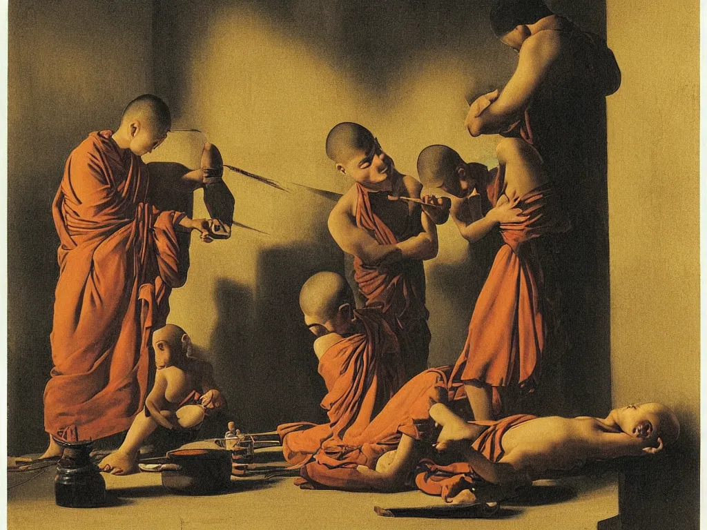 Prompt: Buddhist monk cutting the hair of a novice boy monk. Water in a vase, candle light, moth, window into the night. Painting by Georges de la Tour