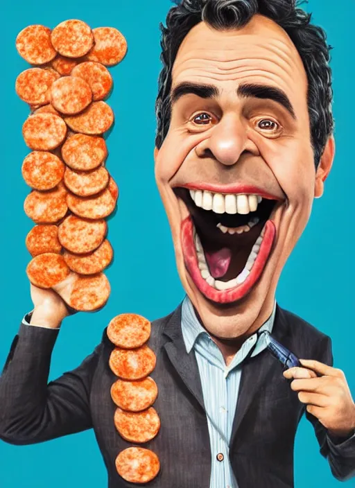 Prompt: hyperrealistic mark ruffalo caricature screaming on a dartboard surrounded by big fat frankfurter sausages with a trippy surrealist mark ruffalo screaming portrait on spitting image by Junji Ito and aardman animation, mark ruffalo caricature dartboard with hot dogs, mascot, target reticles, dart board