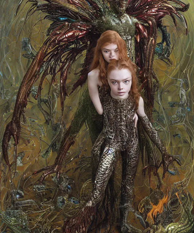 Prompt: a portrait photograph of a fierce sadie sink as a strong alien harpy queen with amphibian skin. she trying on a glowing and fiery lace shiny metal slimy organic membrane parasite latex suit and transforming into an evil insectoid snake bird. by donato giancola, walton ford, ernst haeckel, peter mohrbacher, hr giger. 8 k, cgsociety