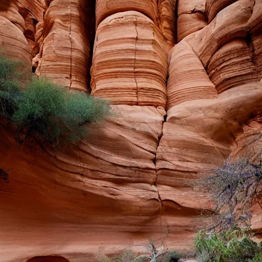 Image similar to A temple of sandstone built into the side of a canyon.