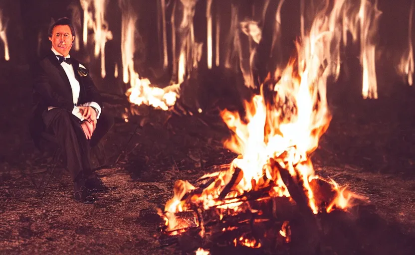 Prompt: a man wearing a tuxedo sitting in the middle of a bonfire