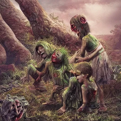 Image similar to “ zombie childs in stone age, artwork, detailed, fantasy ”