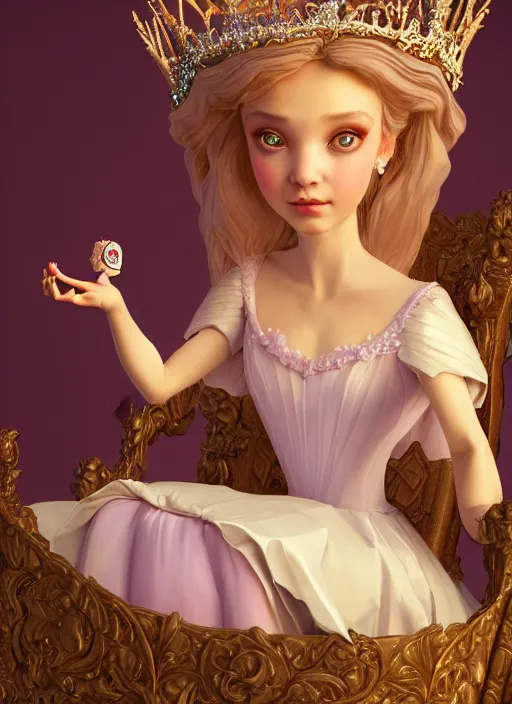 Image similar to highly detailed closeup, low - poly hands, portrait of a fairytale medieval princess wearing a crown and sitting on a throne eating cakes, unreal engine, nicoletta ceccoli, mark ryden, earl norem, lostfish, global illumination, god rays, detailed and intricate environment