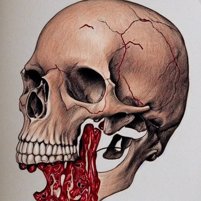 Prompt: meaty skull, dripping in blood, vintage anatomical illustration, colored pencils and pen