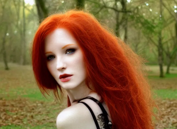 Prompt: award winning 3 5 mm face close up portrait photo of a redhead in a park by luis royo