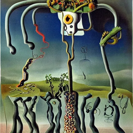 Image similar to a machine that converts plastic into plants. surrealism. salvador dali.