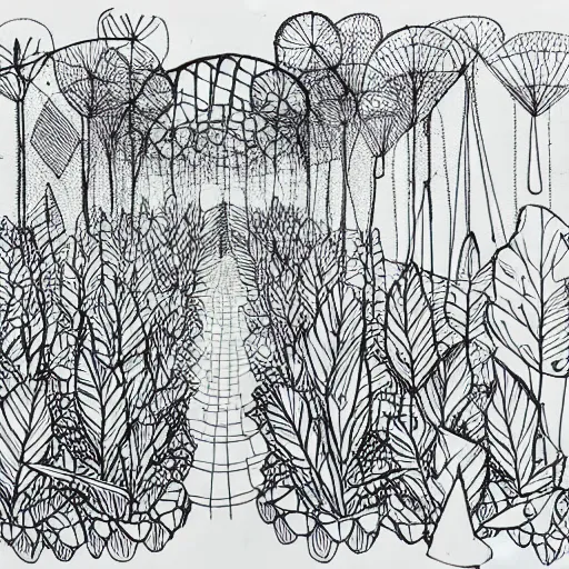 Image similar to a sharpie drawing of a bauhaus plant garden