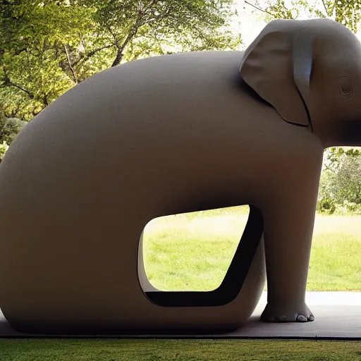 Prompt: a sleeping pod in the shape of an elephant with grey and orange accents designed by antony gormley, advertising photography