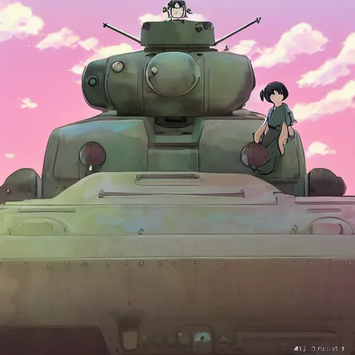 Image similar to a beautiful movie still in the style of Studio Ghibli anime showing a 3/4 view of an adorable tank mecha with arms. Studio Ghibli, aerial photography, wide angle lens, trending on artstation, trending on behance