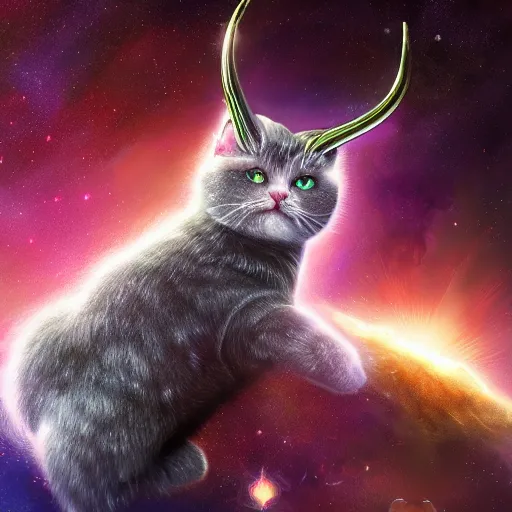 Prompt: a highly detailed galaxy cat with horns and wings in space , trending on artstation, digital art, 4k, hyper realism, high detail, cinematic, cinematic lighting, high detail, realistic, fantasy, by KanizoArt