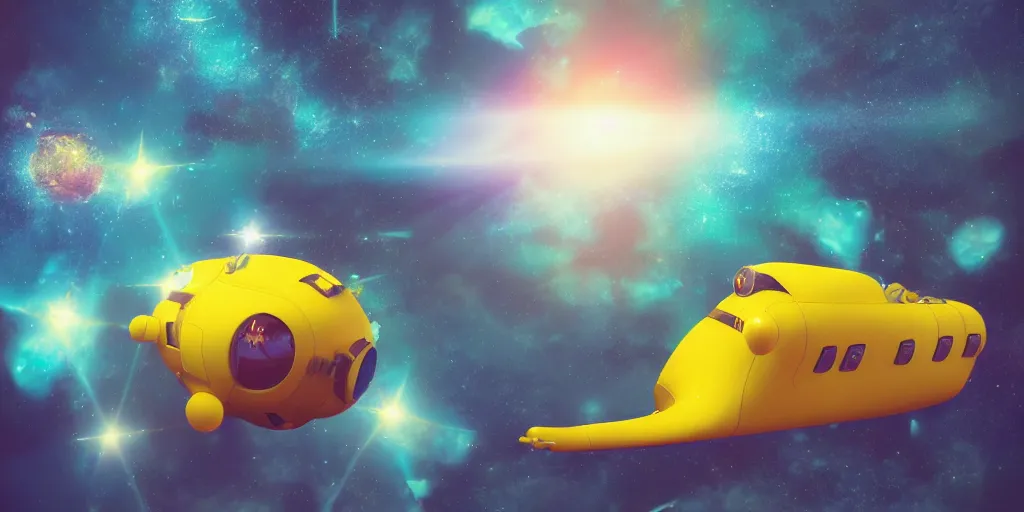 Prompt: yellow submarine in space, supernova, octane render, 8 k, epic shot, artstation trending, 1 st place, winner, round plush volume, soft light, cinematic frame, golden ratio composition,