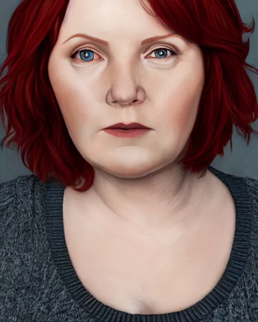 Image similar to portrait of short and plump 5 0 - year - old woman with red hair and, kind face, round face, short hair, molly weasley, wearing in cardigan, hyper realistic face, beautiful eyes, character art, art by mark brooks, hyperdetailed, cryengine, trending on artstation, digital art