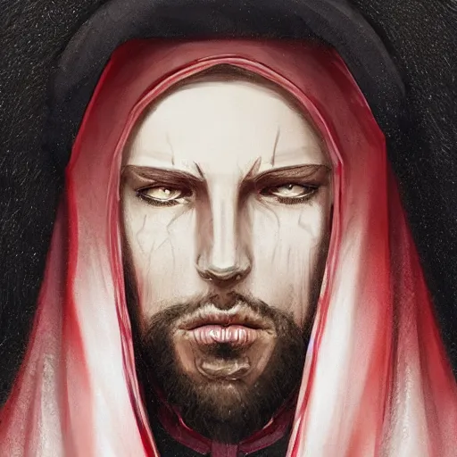 Image similar to portrait of a handsome Catholic priest with red eyes, dark, intricate details, highly detailed, concept art, digital painting, trending on artstation, award-winning. Art by Loran DeSore and Merwild