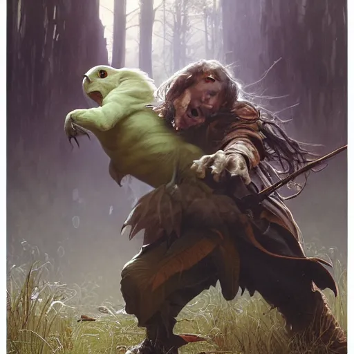 Image similar to Magic The Gathering art action shot of goblin scientist fighting an owl bear, drawn by Donato Giancola and Tom Bagshaw, Edmund Leighton, Alphonse Mucha, 4k, volumetric lighting, komorebi, intense battle scene award winning, octane render, hyperrealistic