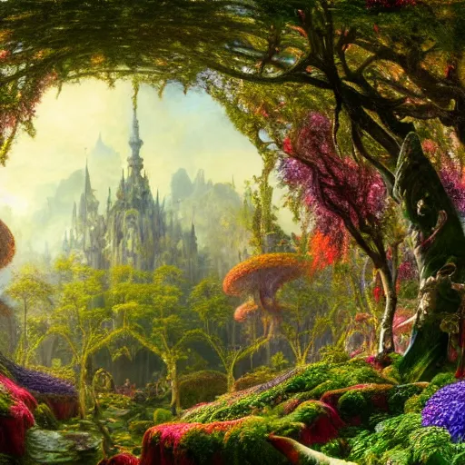 Prompt: a beautiful and highly detailed matte painting of a beautiful sprawling palace in a magical fantasy forest garden, psychedelic flowers and trees, colorful vegetation, epic scale, insanely complex, hyperdetailed, sharp focus, hyperrealism, artstation, cgsociety, 8 k, bright colors, by caspar friedrich, albert bierstadt, james gurney, brian froud,