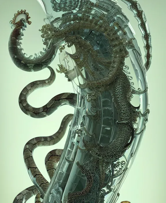 Image similar to intricate orderly opulent transparent clear see - through portrait of a scary beautiful masculine snake, fractal, mechanical, sci - fi environment, ultra realistic, concept art, art nouveau, photorealistic, octane render, 8 k, unreal engine. art by nori inoguchi and sam kaplan and zachary goulko and christopher marley and artgerm and alphonse mucha