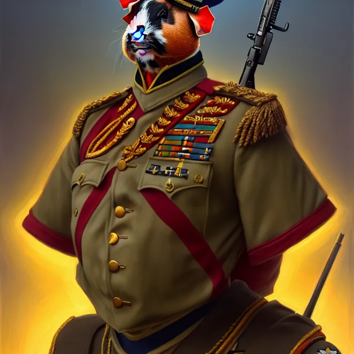 Image similar to guinea pig general wearing his uniform, looking proud as if he had won the battle. award winning, portrait bust, symmetry, faded colors, by larry elmore, masterpiece, trending on artstation, cinematic composition, beautiful lighting, hyper detailed!!!, 8 k, oil on canvas