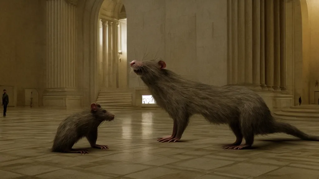 Image similar to the giant rat in city hall, made of wax and water, film still from the movie directed by Denis Villeneuve with art direction by Zdzisław Beksiński, wide lens