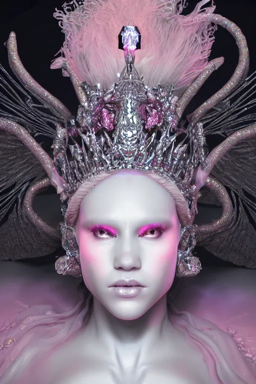 Image similar to hyper detailed ultra sharp portrait of baroque and bladerunner delicate glowing diamond sculpture of seductive muscular albino young king, pink diamond black metallic sphinx iridescent humanoid deity wearing black cloak holding a prismatic gem, glowing pink face, crown of white diamonds, cinematic lighting, photorealistic, octane render 8 k depth of field 3 d