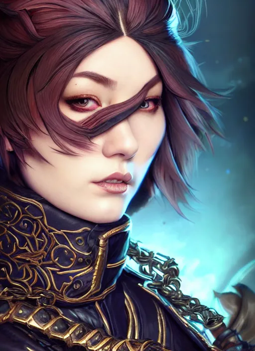 Prompt: rogue, fantasy ornate leather bandit outfit!!! close - up portrait beautiful and athletic short hair female!! gorgeous face and eyes!! character concept art, sharp focus, octane render! unreal engine 5! highly rendered!! trending on artstation!! detailed linework!! illustration by artgerm, chie yoshii, and wlop