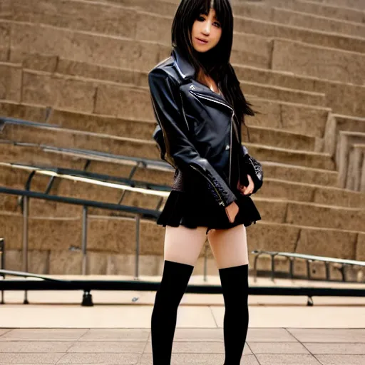 Image similar to a dynamic, epic cinematic 8K HD movie shot of a japanese young J-Pop idol girl wearing leather jacket, miniskirt, nylon tights and high heels boots. Motion, VFX, Inspirational arthouse