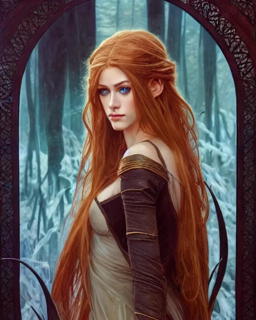 Image similar to portrait of katherine mcnamara elven mage, dark, piercing eyes, gentle expression, elegant clothing, photorealistic, highly detailed, artstation, smooth, sharp focus, art by michael whelan, artgerm, greg rutkowski and alphonse mucha