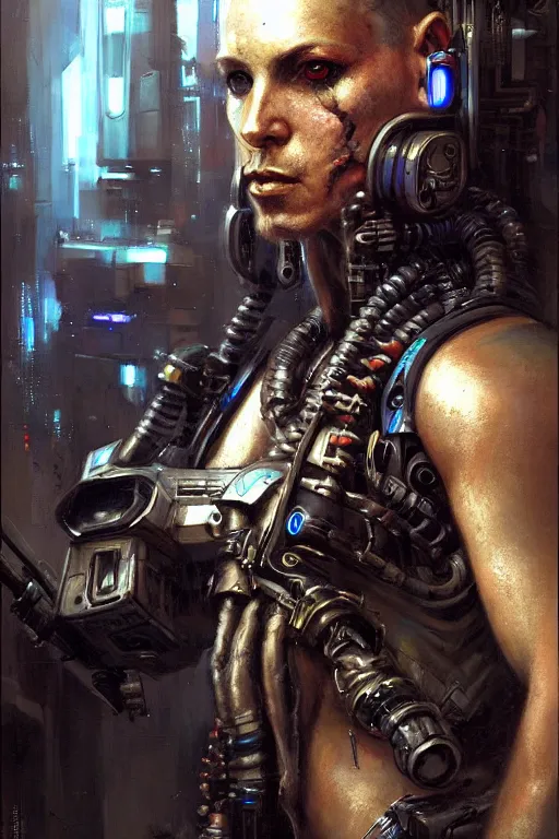Prompt: a futuristic cyberpunk pirate with a cybernetic armed arm, upper body, highly detailed, intricate, sharp details, dystopian mood, sci-fi character portrait by gaston bussiere, craig mullins