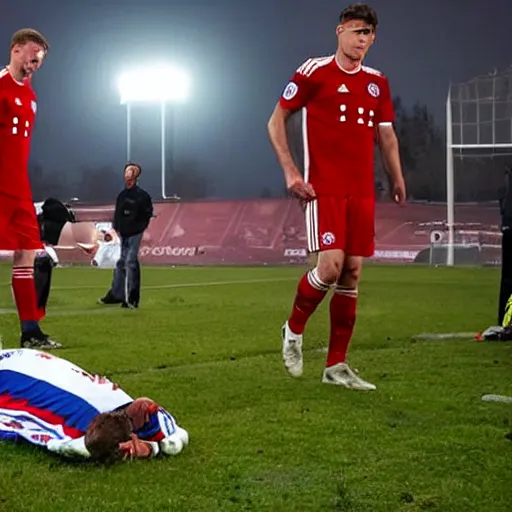 Prompt: a crime scene where a bayern munchen player has been butchered down by a football player from paris saint germain, wide shot, in the style of gregory crewdson