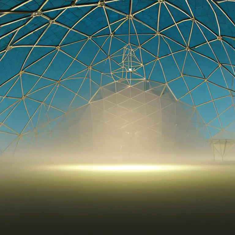 Image similar to an immaculate volumetric path tracing lighting render of a of beautiful iridescent large geodesic dome device at the center of a vast modern datacenter, fog, god rays, and nixie tubes by Zdzisław Beksiński and beeple, beautiful modern colors, ultradetailed, 4k ultra