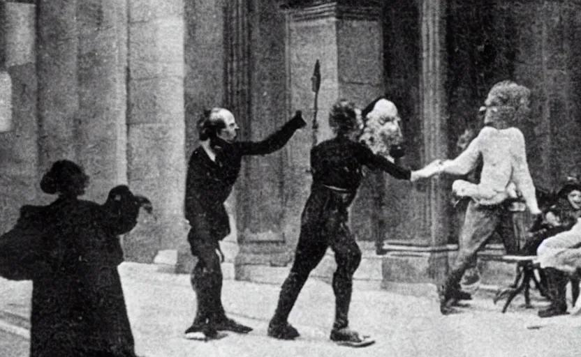 Image similar to a close - up old black and white photo, 1 9 1 3, depicting isaac newton wearing a big wig fighting gottfried leibnitz wearing a big wig in the streets of paris, rule of thirds, historical record