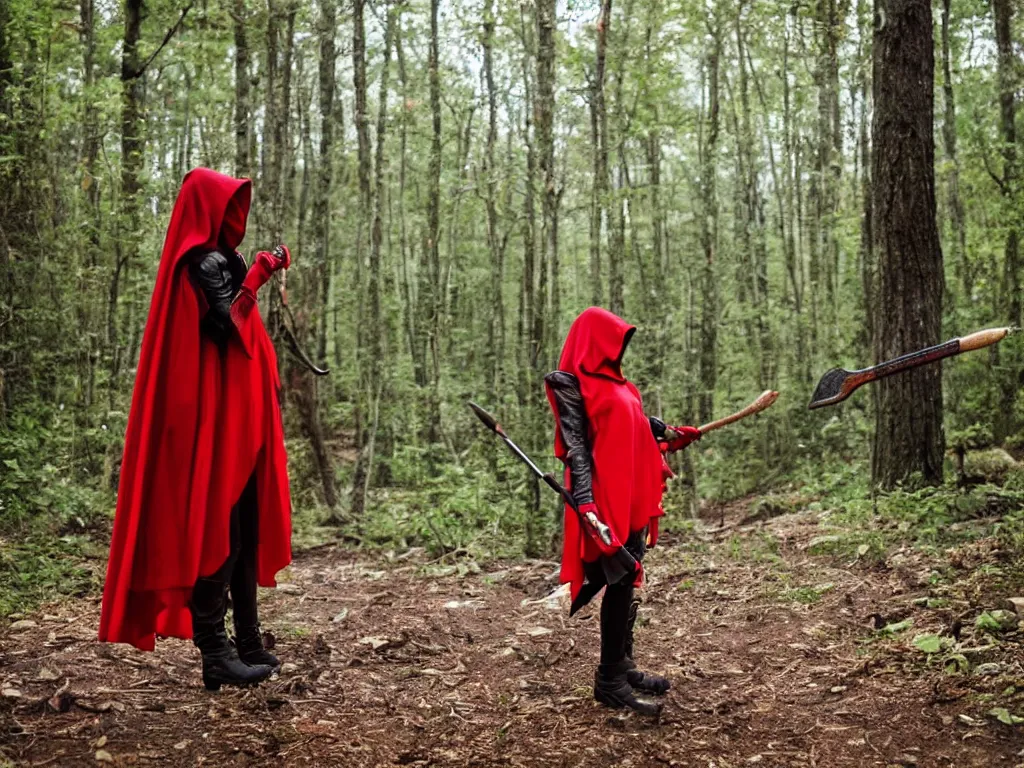 Prompt: a girl in a red hood with a twohanded axe in mysty woods