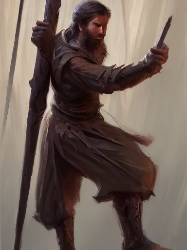 Image similar to a master a wooden quarterstaff in a desperate posture ready to fight. cornered by enemies. intricate, elegant, highly detailed, digital painting, artstation, concept art, sharp focus, illustration, by justin gerard and artgerm, 8 k