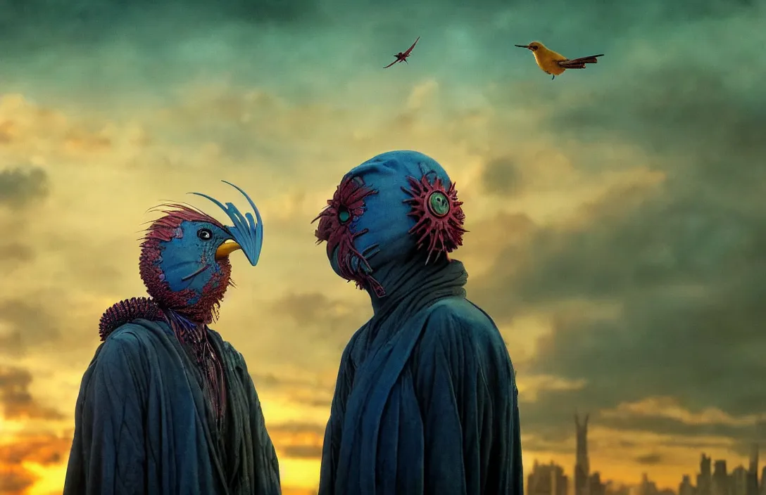 Prompt: realistic detailed portrait movie shot of a birdman in dark ragged robes, futuristic city sunset landscape background by denis villeneuve, amano, yves tanguy, alphonse mucha, ernst haeckel, max ernst, alejandro jodorowsky, masterpiece, rich moody colours, bird head, blue eyes, hyperdetailed