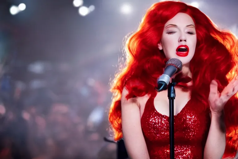 Image similar to movie scene portrait closeup, red hair, red sequin dress, real life jessica rabbit singing beautifully on stage, stage lighting by emmanuel lubezki