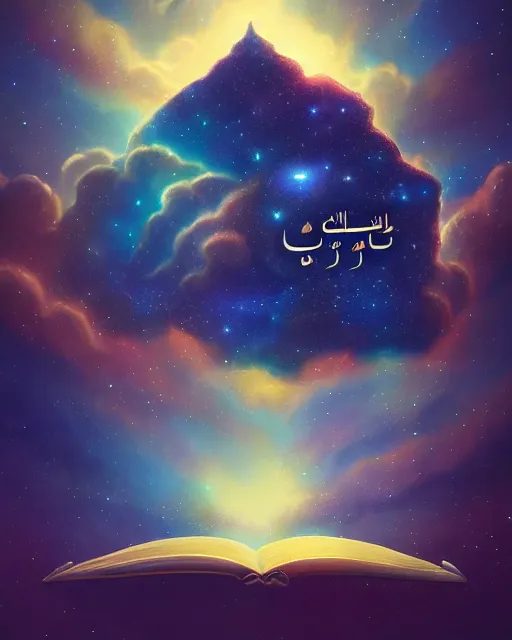 Image similar to the quran descending from the galaxy into clouds highly detailed, gold filigree, romantic storybook fantasy, soft cinematic lighting, award, pastel color palette, featured on artstation, digital art