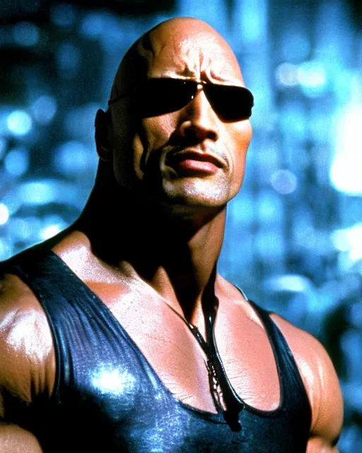 Image similar to film still close up shot of dwayne johnson as morpheus from the movie the matrix. photographic, photography