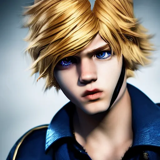 Image similar to league of legends character style of teenager boy, blonde hair, blue eyes, close up, cinematic light, dark room, detailed, photo, 8K