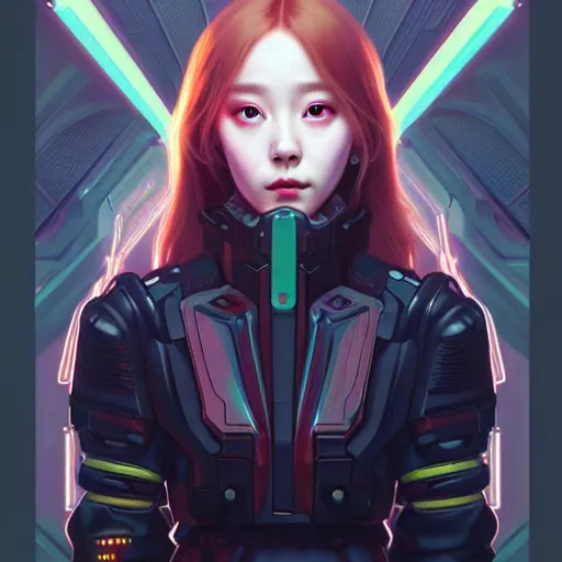 Image similar to portrait painting of cyberpunk chuu from loona as a cheerful smiling mercenary, ultra realistic, concept art, intricate details, eerie, highly detailed, photorealistic, octane render, 8 k, unreal engine. art by artgerm and greg rutkowski and magali villeneuve and alphonse mucha