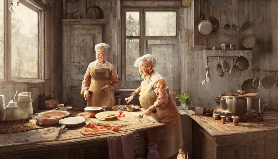 Prompt: old russian lady cooking in her old 1 9 0 0's kitchen, old house, old wooden table, pan and plates, hyperdetailed, artstation, cgsociety, 8 k