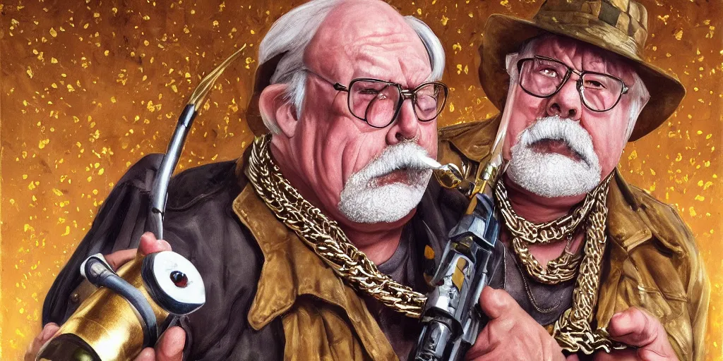 Prompt: wilford brimley rapper wearing gold chains with gold rings on his fingers carrying rpg - 7 diabeetus high fidelity painting high resolution trending on artstation