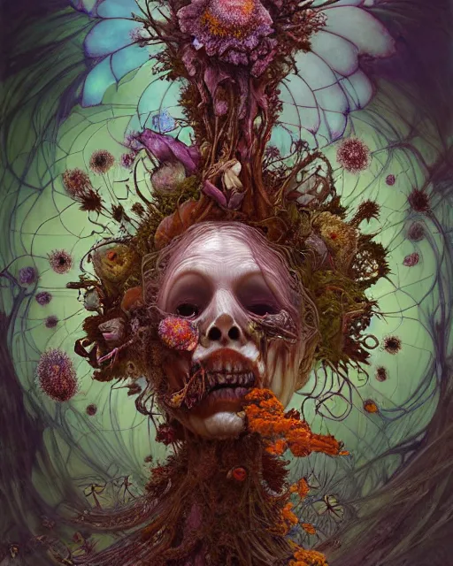 Image similar to the platonic ideal of flowers, rotting, insects and praying of cletus kasady carnage davinci dementor wild hunt chtulu mandelbulb mandala ponyo heavy rain the witcher, d & d, fantasy, ego death, decay, dmt, psilocybin, concept art by randy vargas and greg rutkowski and ruan jia and alphonse mucha