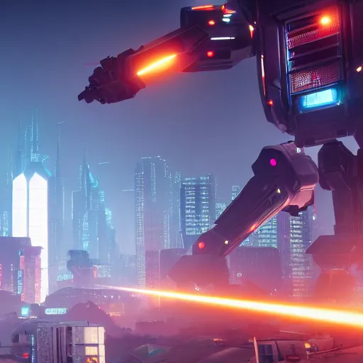 Image similar to A giant mech firing missiles and lasers in a city, cinematic lighting, highly detailed, 8k octane render