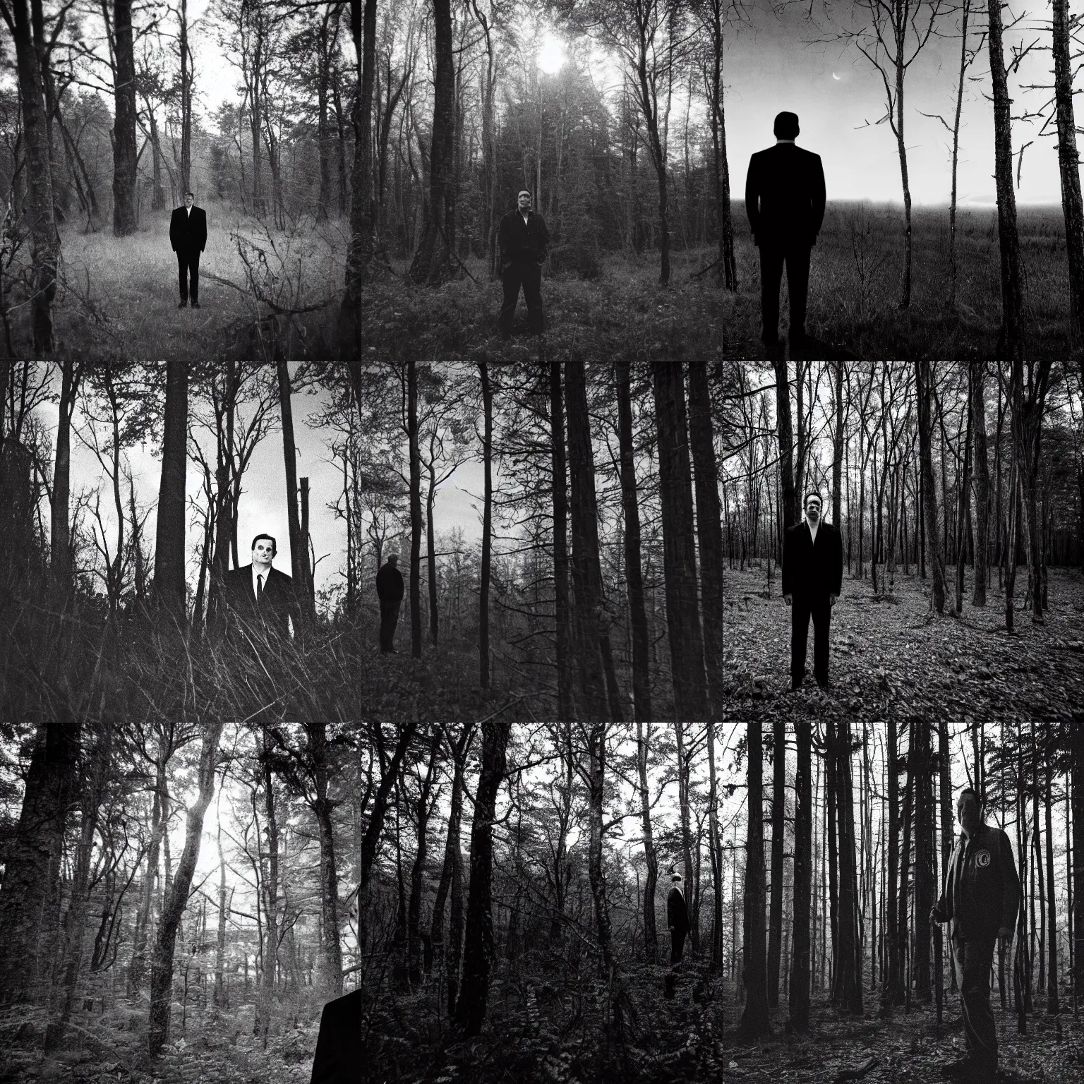 Prompt: ted cruz standing alone in the distance in a dense forest landscape over a twilight sky, black and white, evil, eerie, creepy, lovecraftian