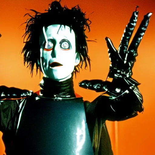 Image similar to a still of Edward ForkHands, in the film Edward Scissorhands, UHD, stylistic, film, horror