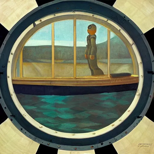 Prompt: giant bathysphere interior, portholes, scuba divers, grant wood, pj crook, edward hopper, oil on canvas