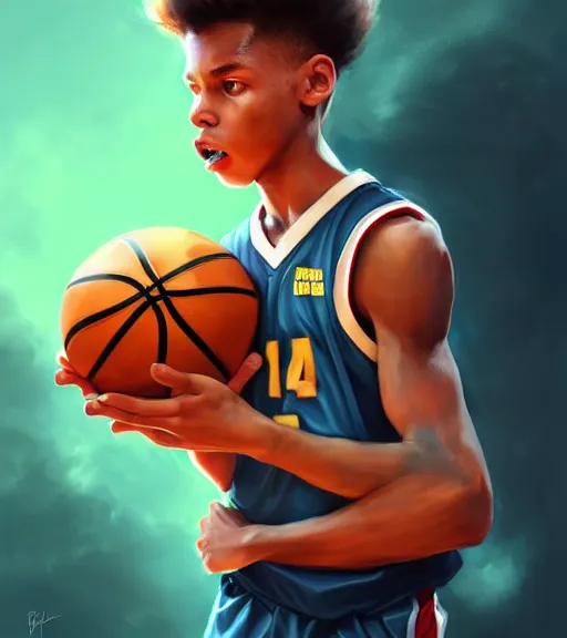 Image similar to portrait of a boy holding a basketball playing basketball wearing a basketball uniform in a basketball court, intense emotion, intricate, elegant, highly detailed, centered, digital painting, artstation, concept art, smooth, sharp focus, illustration, by Peter Mohrbacher, WLOP