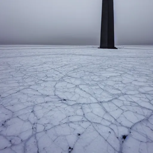 Image similar to a large obelisk on a flat plain of ice. grainy, overcast sky, snowing.